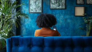 Woman Phone Blue Sofa