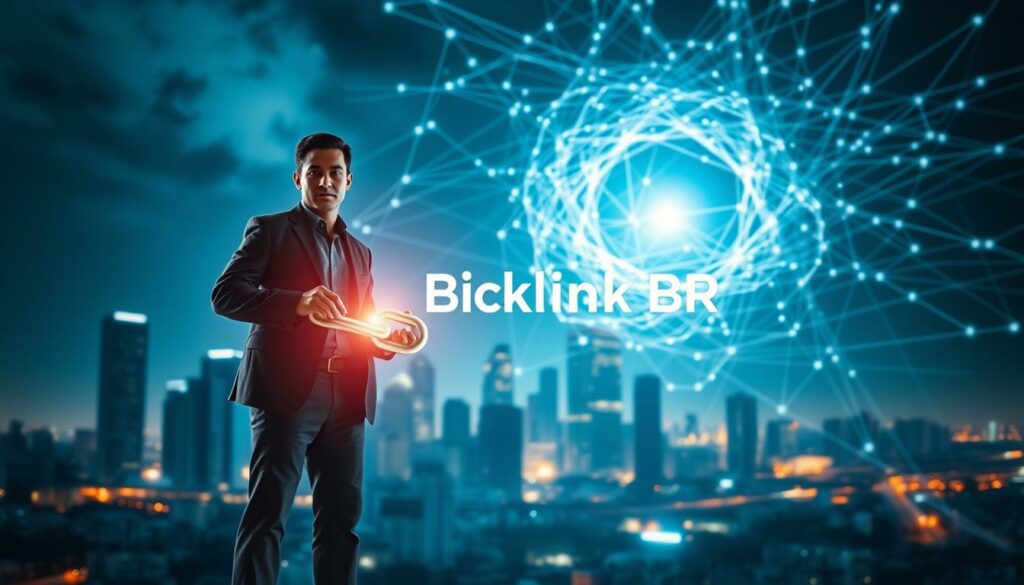 A high-contrast, cinematic image depicting the "Estratégias de backlinks" concept. In the foreground, a businessperson standing confidently, holding a glowing digital link or chain, representing the power of backlinks. In the middle ground, a city skyline with towering skyscrapers, symbolizing the scale and reach of digital marketing. In the background, a swirling vortex of interlinking lines and shapes, visualizing the complex web of online connections. Dramatic lighting, with a mix of cool and warm tones, creates an atmosphere of strategic planning and impactful results. The brand "Backlink BR" is prominently displayed, emphasizing the specialized expertise. An image that inspires and educates the viewer on the effective strategies for acquiring valuable backlinks. A high-contrast, cinematic image depicting the "Estratégias de backlinks" concept. In the foreground, a businessperson standing confidently, holding a glowing digital link or chain, representing the power of backlinks. In the middle ground, a city skyline with towering skyscrapers, symbolizing the scale and reach of digital marketing. In the background, a swirling vortex of interlinking lines and shapes, visualizing the complex web of online connections. Dramatic lighting, with a mix of cool and warm tones, creates an atmosphere of strategic planning and impactful results. The brand "Backlink BR" is prominently displayed, emphasizing the specialized expertise. An image that inspires and educates the viewer on the effective strategies for acquiring valuable backlinks.